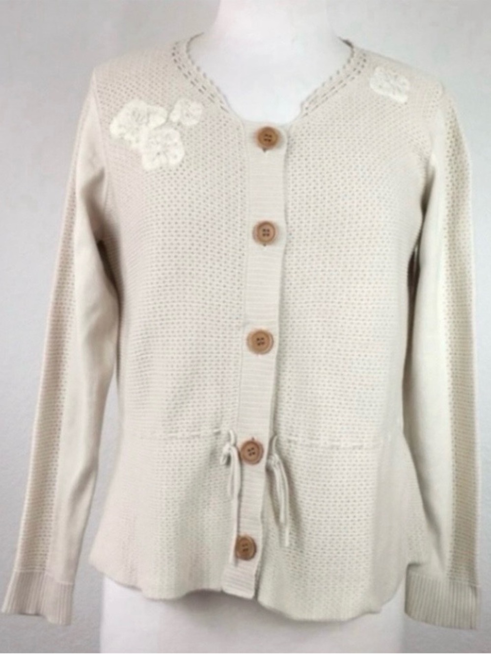 Vintage Sigrid Olsen Womens Cream Floral Cotton Knit Cardigan Coastal Size M